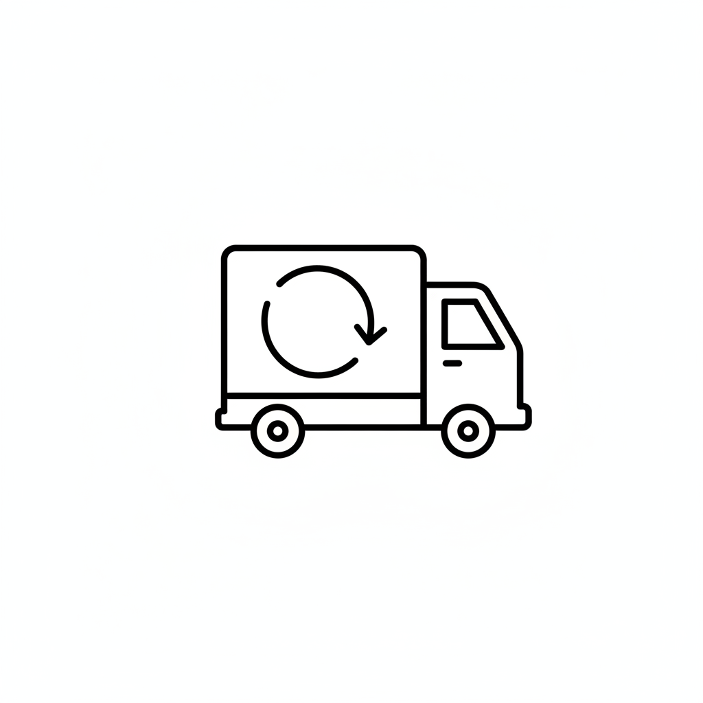 Minimal black outline icon of a delivery truck, flat vector line icon, simple and clean design, no text, no words, no letters, , pure SVG-style icon, thin stroke, monochrome black, centered, ecommerce shipping and return icon, no shadow, no background color, no texture