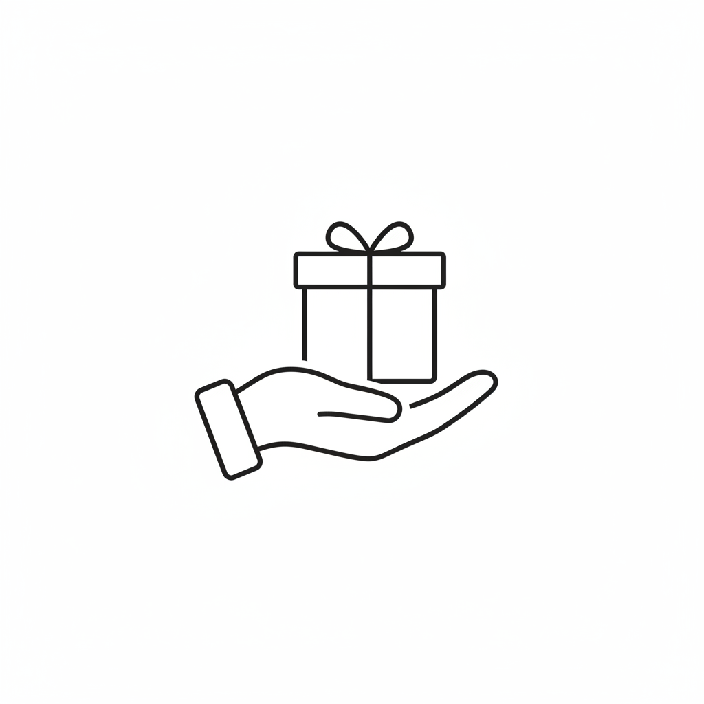 Minimal black outline icon of a hand holding a gift box, flat vector line icon, simple and clean, no text, no words, no letters, no label, , pure SVG-style icon, thin stroke, monochrome black, centered, ecommerce trust icon, no shadow, no background color, no texture
